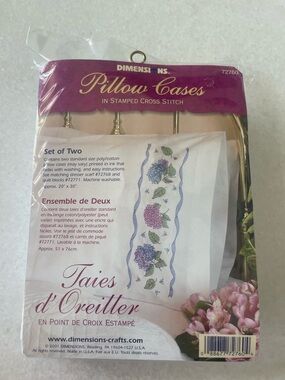 Dimensions Pair Pillow Cases Stamped Cross Stitch Hydrangea & Ribbon #72760 NEW